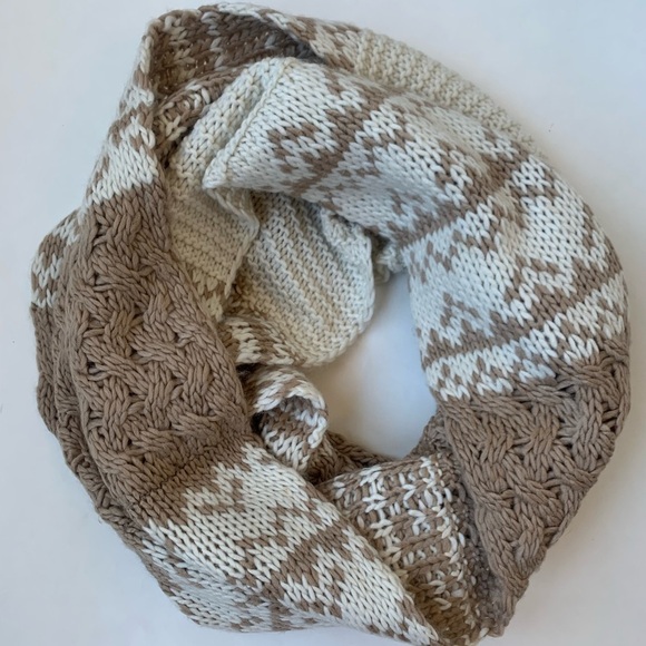 Cream and Tan Neutral infinity scarf with cable knit and fair isle print OS - Picture 1 of 5